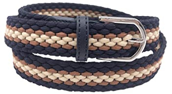 AnJuHoPa Stretchgürtel Damen und Kinder, Elastischer Flechtgürtel ohne feste Löcher, Schmaler Stoffgürtel mit nickelfreier Metallschnalle, 100 cm lang, 2,5 cm breit, Marineblau/Braun/Creme