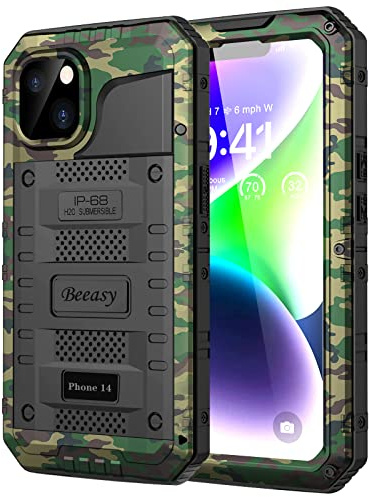 Beeasy für iPhone 14 Wasserdicht Outdoor Hülle (6,1), Stoßfest Panzerhülle Militär 360 Grad Schutzhülle mit Displayschutz, Robust Metall Heavy Duty Handyhülle iPhone 14 Case, Camouflage