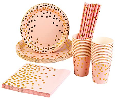 Lot De 125 Vaisselle Jetable Anniversaire Rose et Or Rose, Kit Vaisselles de Fête Assiette Papier Tasse Serviette Et Pailles Pour Enfants Party Fête Mariages Baby Shower, 25 Invités (Rose et Or Rose)