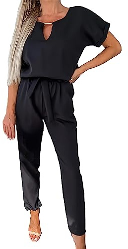 amropi Jumpsuit Damen Elegant Kurzarm Playsuit V-Ausschnitt Casual Lose Overalls Lang Romper Schwarz,XL