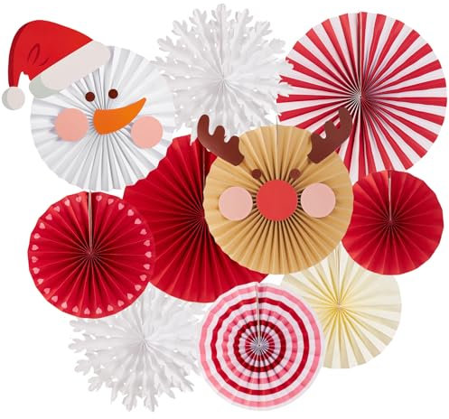 SUNBEAUTY 10PCS Reusable Christmas Paper Fans Decorations Classroom Decorations Hanging Paper Fans with Reindeer Snowman for Xmas Holiday Ceilings Wall Decor Winter New Year Party Supplies
