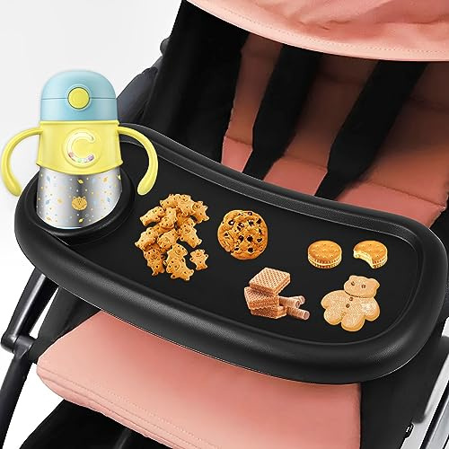 PandaHug Stroller Snack Tray with Cup Holder Universal Stroller Food Tray Removable Baby Stroller Snack Tray with Adjustable Buckle and 2 Hooks Reusable Stroller Snacks Holder for Strollers