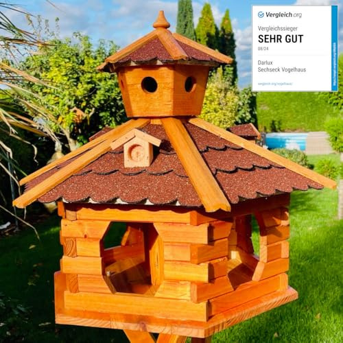 DARLUX Handgefertigtes XXL - Sechseck - Vogelhaus aus Holz ohne Ständer | Lasiert, Outdoor, Garten, Balkon, Futterhaus, Futterhäuschen (Größe XXL ohne Ständer, Rot - Braun)