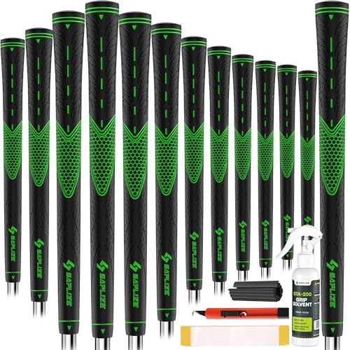 SAPLIZE CC01 Rubber Golf Grips, 13 Grips, 4 Colors Available, Standard/Midsize/Oversize Anti-Slip Rubber Golf Club Grips, Green, Oversize, 13 Grips with Full Solvent Kit
