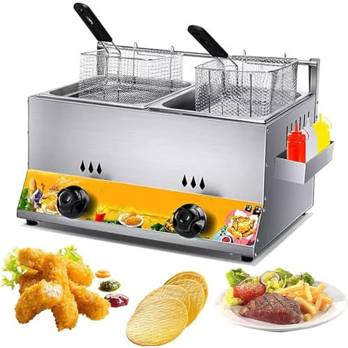 PixCy Friteuse à Gaz Professionnelle, Puissance De Feu Réglable, Friteuse à Gaz Commerciale en Acier Inoxydable avec Pelle à Panier, Friteuse à Gaz pour Frites Beignets Poisson,2tank
