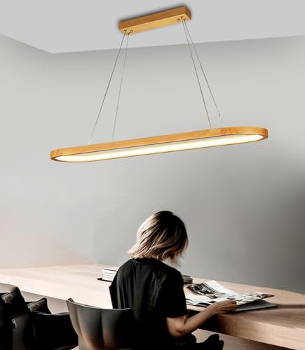 Holz Esszimmerlampe LED Pendelleuchte 41W Moderne Esstisch Hängelampe Dimmbar mit Fernbedienung Hängeleuchte Ellipsen Design Holzlampe höhenverstellbar Wohnzimmer esszimmer Küche Kronleuchter L90cm