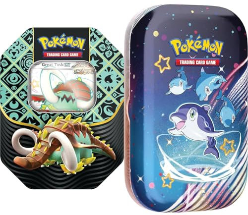 Scarlet & Violet—Paldean Fates Tin – Great Tusk ex (1 Foil Promo Card & 4 Booster Packs) & TCG: Scarlet & Violet—Paldean Fates Mini Tin – Finizen (2 Booster Packs, 1 Sticker & 1 Art Card)