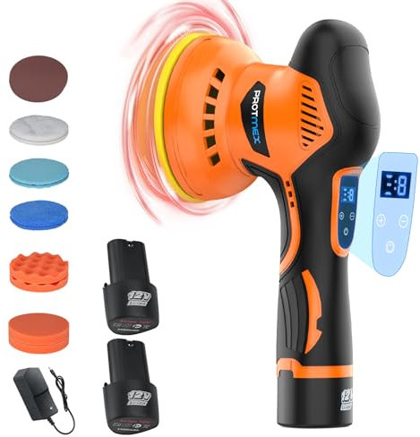 Protmex Polisseuse de voiture sans fil, Kit de polissage de voiture 6IN, Kit de polissage de voiture 8 vitesses variables, 2*12V 1.5Ah Batteries Polisseuse sans fil pour polissage/cire de voiture