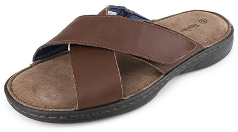 TIESTRA Hommes Cuir Sandales en Magic Collant Peep Toe Pantoufles été Doux Loisirs Antidérapant Semelle en Caoutchouc Plage Extérieur Marron