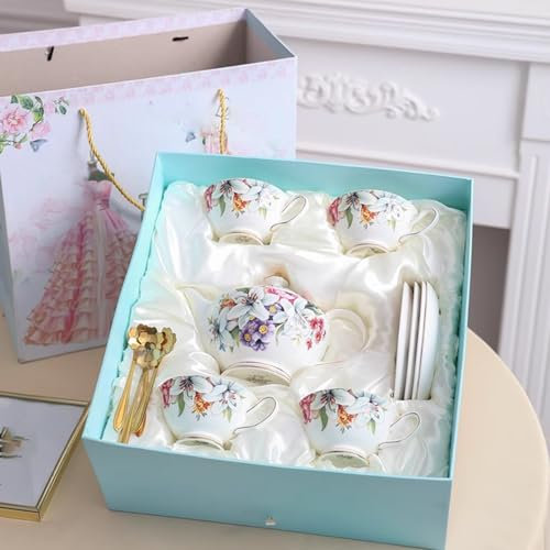 QUSYZD 13-teiliges Teeservice aus Porzellan mit Blumenmuster für Frauen und Erwachsene, Teetassen und Untertassen, Geschenkbox, 4 Teetassen, Untertassen, Löffel und 1 Kanne, gee,