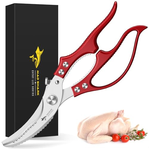MAD SHARK Ciseaux à Volaille Robustes - Ciseaux de Cuisine | Verrou de Sécurité, Poignée Anti-Dérapante et Mécanisme à Ressort | Pour Os de Poulet, Viande, Poisson, Légumes (Rouge)