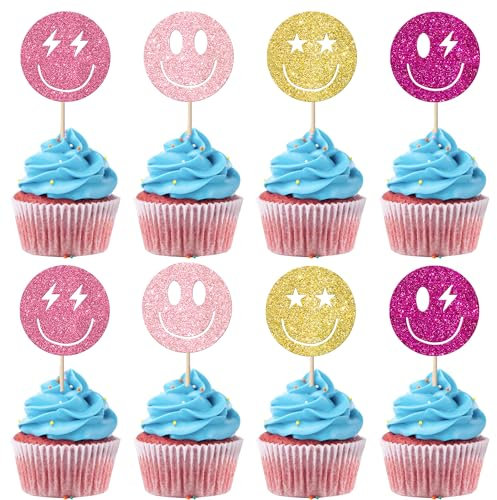 SYKYCTCY 24 Pack Smile Face Cupcake Toppers Gold Glitter Cute Smile Cupcake Picks Smiley Assorted Cupcake Toppers For Girls Baby Shower Birthday Party Cake Decorations Supplies