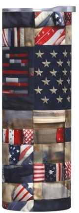 Mug en acier inoxydable sans accessoires – Bouteille d'eau isotherme de 591 ml avec motif drapeau américain patchwork, parfaite pour le bureau, la voiture, le sport, la maison