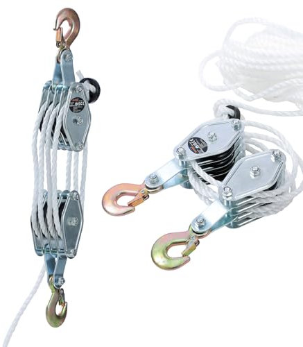 KATSU Tools Rope Hoist Pulley System 4400lbs Breaking Strength Pulley Block and Tackle, 20m x 8mm Nylon Rope, Heavy Duty Steel Hooks, Garage Construction Lifting Tool