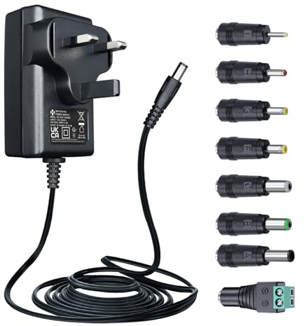 12V 1A 1.8M Power Supply Adapter with 8 Tips, AC to DC 12W 12V 1000mA 800mA 500mA Power Cord for CCTV Security Camera DVR LED Strips Router BT Speaker LED Mirror Desk Lamp and More, UKCA Certified