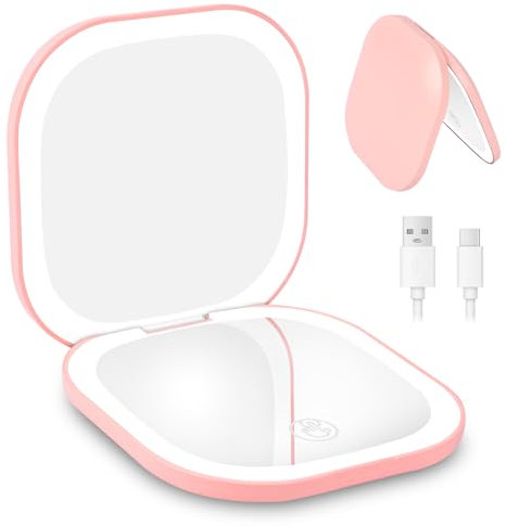 HOTUT Small Portable LED Pocket Mirror,1X/3X Magnification Compact Mirror with Light,Handheld 2-Sided Magnetic Switch Fold,Rechargeable Battery,3 Colors Brightness Adjustable for Handbag,Travel(Pink)