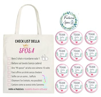 14 Kit Addio al Nubilato Divertente – Borsa Tela “Sposa Missioni da Compiere” + 1 Spilla Sposa + 12 Spille Amiche della Sposa – Idea Regalo Sposa – Gadget Addio al Nubilato Gioco Addio Nubilato