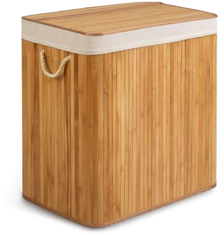 Massido tvättkorg 3 fack 150 l – med lock och tvättpåse – tvättkorg av bambu – tvättsorterare – beige – 61 x 62 x 42 cm