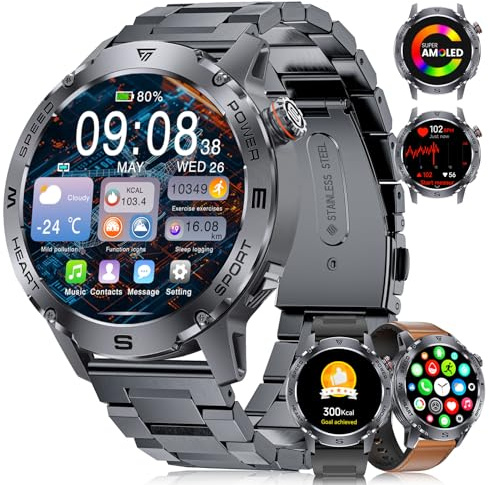 Montre Connectée Homme avec Appels Bluetooth:1.43'' Amoled Écran Smartwatch Homme avec 120 Modes Sport, IP68 Étanche Montre Fitness avec Fréquence Cardiaque/Moniteur de Sommeil pour Android iOS, Noir
