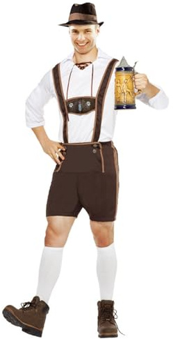 3-Piece Oktoberfest Costume Set Including Lederhosen White Shirt & Hat Mens October Festival Traditional Bavarian German Beer Fancy Dress Halloween Carnival Cosplay Outfit