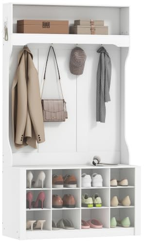 HOMCOM Garderobenständer mit Sitzbank, 6 Haken, Flur, Weiß, Höhe 172,2 cm | Kleiderständer mit Ablage, Schuhregal, Wohnzimmer, Schlafzimmer