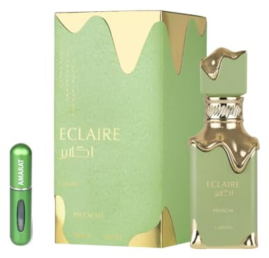 Lattafa Eclaire Pistache Eau de Parfum 100ml | Perfume Árabe Unisex de Larga Duración, Incluye Atomizador Recargable 5 ml, Fragancia Gourmand Cremoso con Pistacho y Vainilla (Eclaire Pistache)