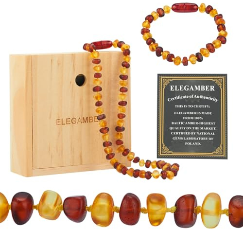 ELEGAMBER Ensemble de collier et bracelet en ambre de la Baltique - 100 % certifié et authentique - Perles d'ambre véritable - 32 + 14 cm (Cognac et rouge)
