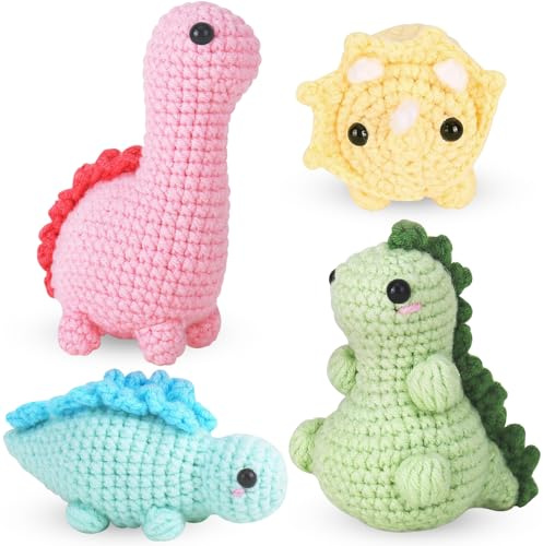 Dremisland Häkel Starterset für Anfänger Häkelset 4 Stück Dinosaurier Strickset für Erwachsene Stricken Tiere Häkelset für Kinder DIY Crochet Set Schritt für Schritt-Anleitung Häkel Zubehör