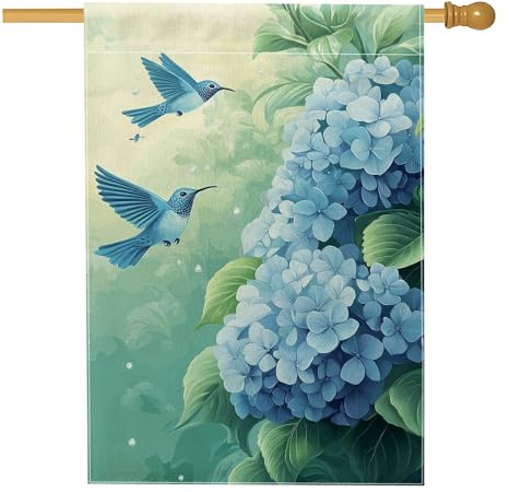 Bandiera della casa con colibrì, natura floreale con foglie di ortensia blu primaverile su entrambi i lati, bandiere decorative per portico anteriore per esterni, patio, cortile, prato, ingresso
