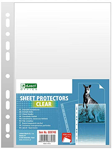 D.RECT Fundas A4 Cristal 100 Unidades – Fundas Multitaladro Transparentes 75 Micras Folio-Cristal – Bolsillos Antiestáticos de Polipropileno con Perforación Reforzada – Archivadores Oficina Escuela
