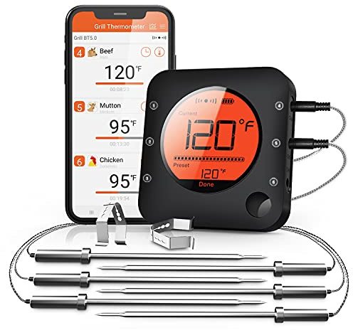 BFOUR Bluetooth Meat Thermometer Wireless Meat Thermometer, Wireless Digital Grill Thermometer with 6 Temperature Probes, Large LCD Display, Bluetooth Thermometer for Grill, Smoker, Oven and BBQ