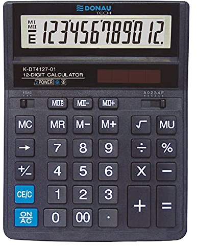 DONAU TECH Tischrechner / 12-Stellig Wurzelfunktion / 203x158x31mm/ Farbe: Schwarz/Rechner mit 12-stelliger Anzeige/Dual-Power Solar - Batteriebetrieb/Kompaktes Design