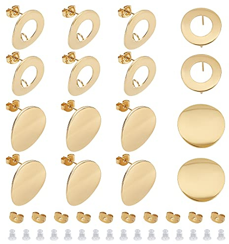 UNICRAFTALE 20pcs 2 Estilos Dorados Planos / Huecos Redondos 304 Fornituras de Pendiente de Acero Inoxidable con Tuercas de Silicona Fornituras de Acero Inoxidable con Pendiente de Aro con Placa Plana