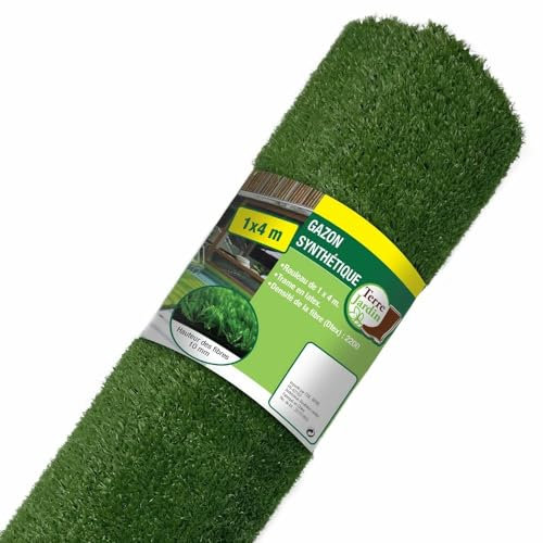 TERRE JARDIN - Gazon Synthétique, Rouleau 1 x 4 m - Gazon Artificiel, Réaliste, Hauteur Fibre 1 cm - Densité 2200 Dtex - Trame en Latex Noir - Faux Gazon Exterieur, pour Balcon, Terrasse, Jardin