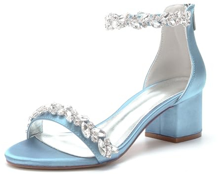Women's Crystal Satin Wedding Shoes for Bride Low Heels Comfortable Bridal Shoes Sky Blue Block Heels Chunky Formal Evening Party Prom Sandals Pumps 702-24 Size 8.5