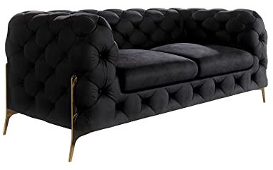 S-Style Möbel Milton Chesterfield Sofa 2-Sitzer 2er Couch Wohnzimmer Möbel Freistehend mit Metallfüßen 185x100x73 cm Schwarz