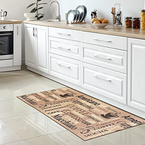 CARPETIA Küchenläufer Coffee Espresso Schriftzug Beige Braun 67x180 cm | Rutschfest, pflegeleicht, schmutzabweisend und strapazierfähig, OEKO-TEX geprüft, für Fußbodenheizung, Küche & Esszimmer