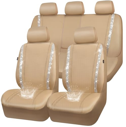 CAR PASS Bling Diamond Car Seat Covers Full Set, Shining Glitter Rhinestone Waterproof Faux Leather Interior Sets Universal Fit Automotive Glitter Crystal Sparkle Strips for Cute Women Girl, Beige
