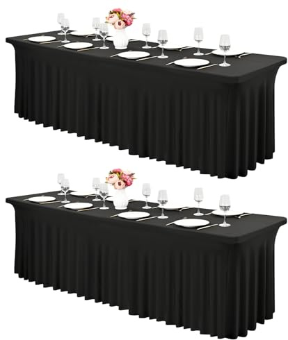 FXKS Spandex Tischröcke, 2 Stück, Schwarz, für 2,4 m Rechtecktische | Stretch Tischdecke und Tischabdeckung mit elegantem Faltenrock für Hochzeit, Party, Messe und Bankett