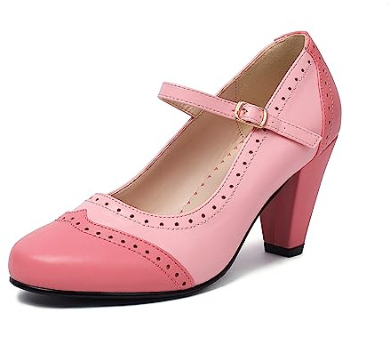elerhythm dam två ton Mary Jane Classic och retro 1920-talet pump klackar Gatsby oxfordmönster 1950-talet vintage rund stängd tå ankelrem klänning skor, ROSA, 39 EU