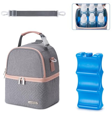 BABEYER Muttermilch-Kühltasche mit Eisbeutel, passend für 6 Babyflaschen bis zu 266 ml, Muttermilchpumpe, Kühltasche mit Schultergurt für Stillen, Mutter, Tagespflege, Arbeit, Reisen, Grau