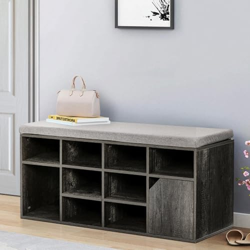 Warmiehomy Shoe Storage Bench with Cushion 103L x 30W x 49.5Hcm Shoe Rack with Seat 9 Compartment &1 Cabinet Shoe Bench for Hallway Bedroom (Grey)