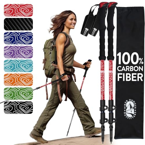 100% Carbon Fiber Trekking Poles by USA Brand - Ultra Strong Lightweight Collapsible Hiking Poles with Cork and EVA Foam Grips & Quick Adjustable Flip Locks (EVA Foam - Red)