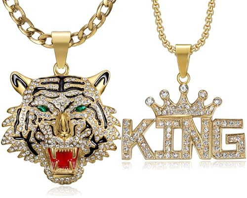 Tiger King With Green Eyes Red Tongue Pendants Stainless Steel Layered Necklace, 2pcs 24'' 20'' 7mm 3mm Chain Punk Rock Couples Jewelry Gift for Men and Women