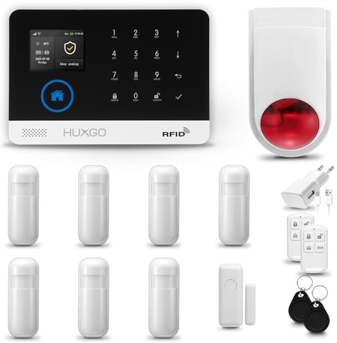 HUXGO® HXA003 Alarmanlage Haus WiFi + GSM mit Funk Sirene | Tuya Smartlife App | Alarm System mit Fenstersensor, 7X Bewegungssensor | Alarmanlage Wohnung, Garage | Smart Home Security