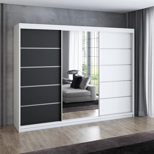 A&J MöbelLand Schwebetürenschrank VILUNO 1 Kleiderschrank 3-türig 200 cm mit Spiegel, 4 Schubladen & 2 Kleiderstangen, Geräumiger Schlafzimmerschrank (Weiß/Schwarz)