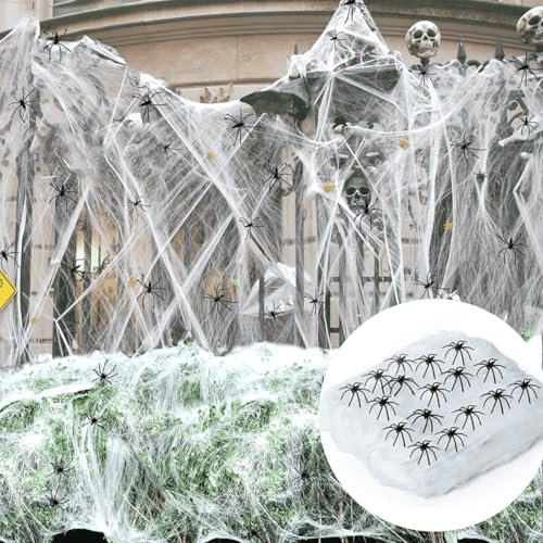 VOPIWOZ 1200 Metri Quadrati Ragnatela Halloween Decorazione Contiene 300g Ragnatele Finte e 64 Ragni Decorazioni Halloween Casa e Esterno Ragnatela Gigante Halloween Adatto per Halloween e Carnevale