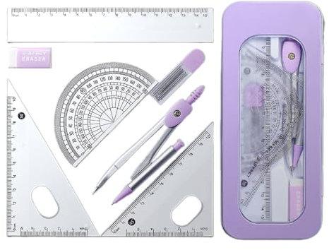 7-teiliges Schulgeometrie-Werkzeug-Set für Schüler, inklusive Metallgeometrie-Werkzeug, Geodreieck, Radiergummi, Winkelmesser, Aufbewahrungskoffer