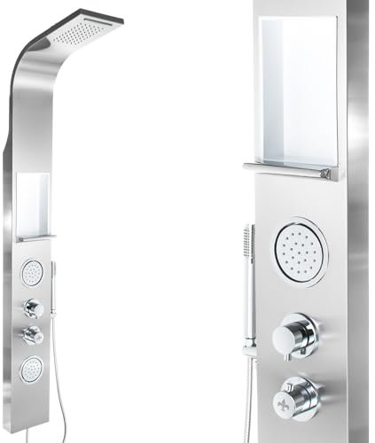 Steinkirch Duschpaneel SK-423 mit Eckmontageset Einhebelmischer Duscharmatur Regendusche Duschstange mit Duschkopfhalterung Regenduschkopf Dusche mit Körperdüsen Handbrause & integrierter Ablage