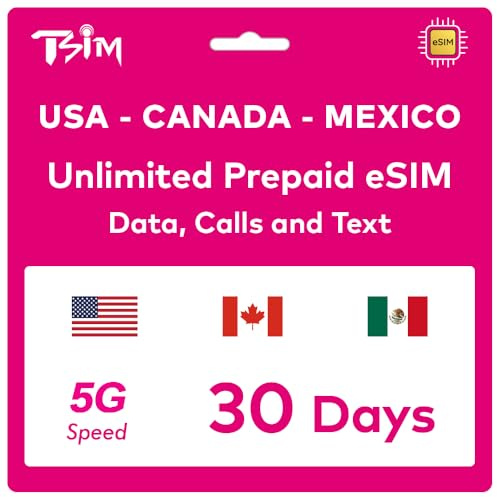 TSIM Prepaid eSIM USA 30 Tage | Unbegrenzte Daten 4G/5G High Speed in den USA + 5 GB High Speed in Kanada und Mexiko | unbegrenzte Ortsgespräche + kostenlose eingehende Anrufe/SMS